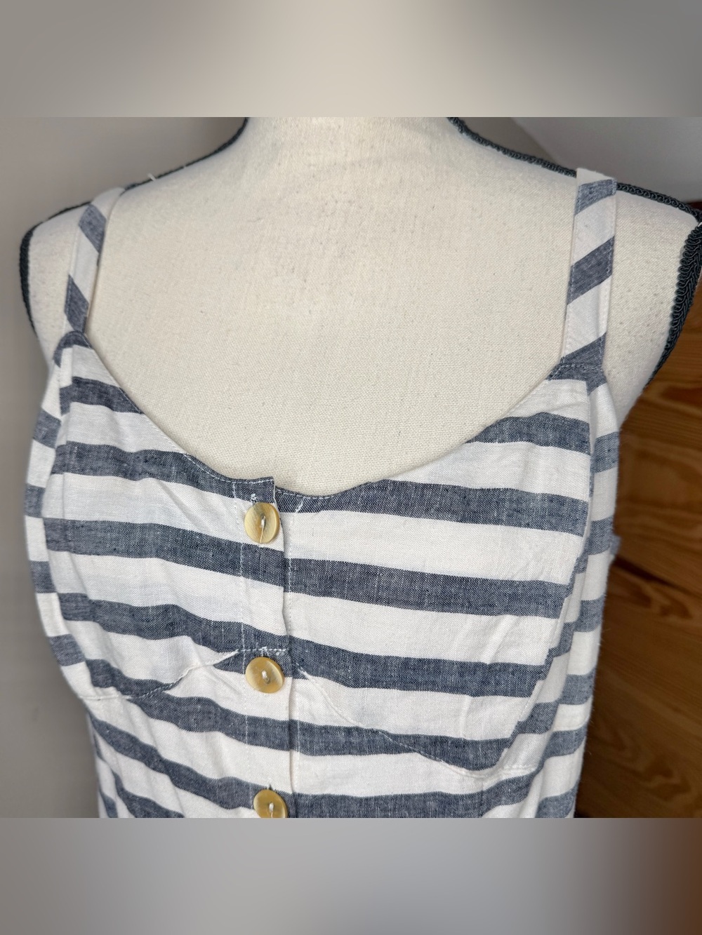 Anthropologie Maeve Linen Blend Striped Maxi Dress 10 Blue White Preppy Nautical - Picture 4 of 9